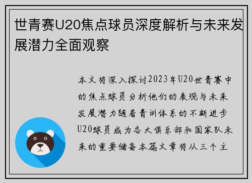 世青赛U20焦点球员深度解析与未来发展潜力全面观察