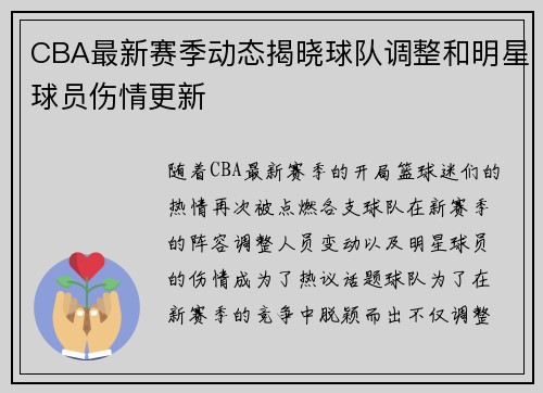 CBA最新赛季动态揭晓球队调整和明星球员伤情更新 CBA最新赛季动态揭晓球队调整和明星球员伤情更新