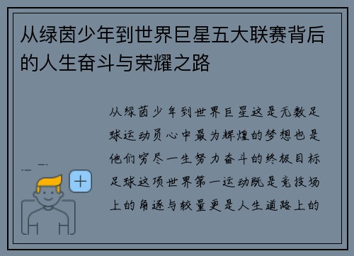 从绿茵少年到世界巨星五大联赛背后的人生奋斗与荣耀之路