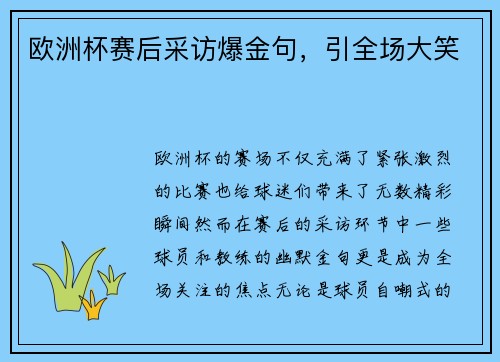 欧洲杯赛后采访爆金句，引全场大笑